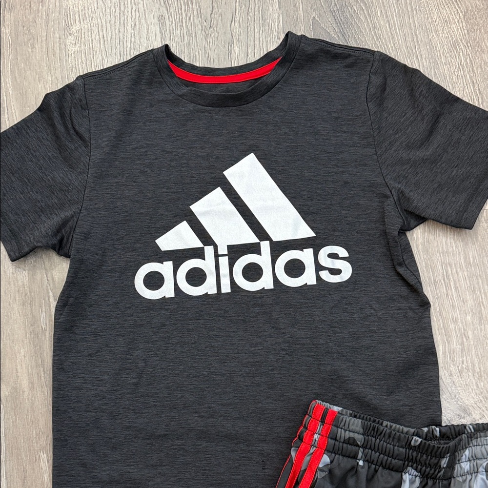 adidas Black Tee with Red-Trim Camo Shorts Set - Picture 3 of 6